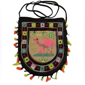 Embroidered Camel Crossbody Bag Boho Tribal Beaded Tassel Purse